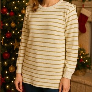 Courtney Rhodes M/L Ivory & Gold Metallic Stripe Tunic Sweater – Holiday Ready!